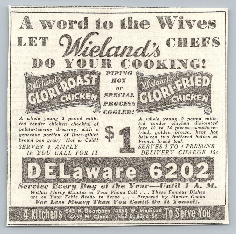 1933 Wieland's Restaurant Chicago Chicken Delivery Print Ad Ephemera Rates